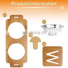 Adjustable Bamboo Raised Pet Bowl Elevated Dog Cat Food and Water Bowls Stand Feeder Poultry Feeder With Stainless Steel Bowls thumbnail-3