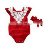Baby Girl Red Romper Kids Lace Flower Summer Bodysuit thumbnail-1