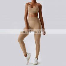 2 Pcs Seamless Cross Backless Sports Bras Sets Custom Logo High Waist Yoga Leggings thumbnail-4