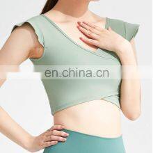 Wholesale Custom Logo Front Cross Ruffle Sleeve Yoga Tee Ladies Gym Sports Wear Yoga Crop Top Women High Quality Yoga T-Shirt thumbnail-5