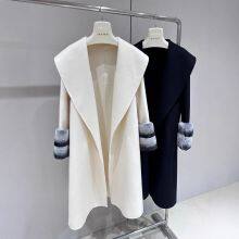 Novo casaco de lã dupla face para mulheres para outono e inverno, de comprimento médio, ajustado e esguio, com mangas e peles de coelho rex Totoro thumbnail-1