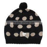 girls black and cream spotty knitted custom hats with black pom pom