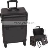 Black Texture Professional Aluminum Rolling Cosmetic Case Makeup 4-Wheel Trolley thumbnail-1
