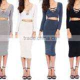 Pictures of Long Skirts and Tops for Sexy Womens 2Pcs Crop Top Midi Skirt Stretch Party Bandage Dresses thumbnail-2