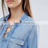 Fashion Wholesale Women Long Ladies Demin Cowboy Shirt for Wholesale thumbnail-2