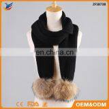 2017 New Year Products Raccoon Fur Pom Pom Ladys Knit Scarf Knitted Wool Scarf
