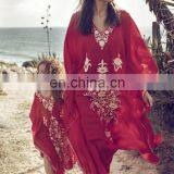 Plus Size Red Cotton Beach Dress Embroidery Robe de Plage Bikini Cover up Beachwear Pareos de Playa Mujer Beach Tunic Cover Ups thumbnail-1