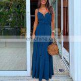 2020 Summer New Women's Personality Button V-neck Stitching Suspender Dress Factory Direct thumbnail-2