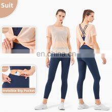 Spring Mesh Blouse Sports T Shirt Women Workout Crop Yoga Top With Reversible thumbnail-4