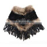 QD200121 Excellent Quality Women Wear Knit Winter Rabbit Fur Ponchos Sale With Raccoon Dog Fur Trim Long Fringes thumbnail-5