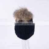 Daily Life Winter Fur Hat Wool Knitted Beanie Hat With Fur Pompoms on Top KZ160075 NAVY thumbnail-4