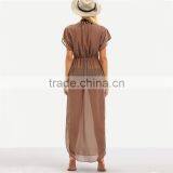Latest Design Ladies Brown Drawstring Waist V Neck Split Dresses Summer Beach Wear Sexy Short Sleeve Long Maxi Dress thumbnail-2