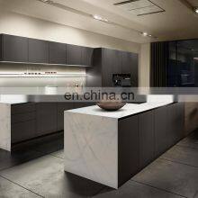 Handle Free Modern Design Black Matt Finish Lacquer Kitchen Cabinet With Marble Counter Island thumbnail-3