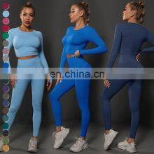 Custom Workout Clothing 2 Piece Suit Knit Long Sleeve Top High Waist Leggings Gym Fitness Sets Seamless Yoga Set For Women thumbnail-3
