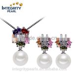flower shape colorful zircon natural round freshwater pearl pendant and earring set