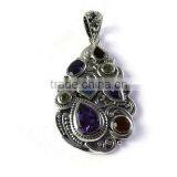 925 Sterling Silver handmade pear shape multi gemstone pendant