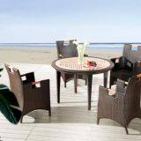 Outdoor Furniture Table And Chair Teak Wood Arm Rest PE Rattan Wicker Powder Coating Aluminum Frame Waterproof Fabric thumbnail-1