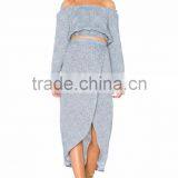 Printing Design Long Sleeve off Shoulder Crop Tops Chiffon Skirts and Blouses thumbnail-1