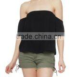 Women T-Shirts, Clothing Women, Black Off the Shoulder Crinkle Knit Top thumbnail-2