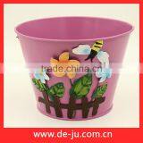 Green Printing With Flowers Round Small Metal Planter thumbnail-3