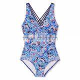 Womens Summer Floral V Neck One Piece Swimsuit Customize Multi Colored Swimming Suit Polyester Spandex Perfect Material Finish thumbnail-4