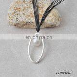 Leather Pearl With Oval Circle Worn Silver Necklace thumbnail-1