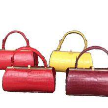 European And American Casual Cylindrical Handbag Horizontal Barrel-Shaped Leather Shoulder Bag Crocodile Leather Diagonal Bag Women thumbnail-1