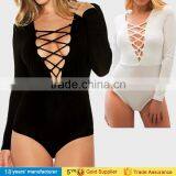 2017 Sexy women's plain cotton plunge front lace up tie neck backless sheath stretch bodysuit top design pictures with strappy