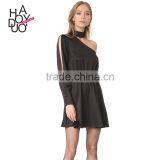 HAODUOYI Soild Black Sleeve Slope One Shoulder Women Dress Sashes Silm Long Sleeve Slit Botton Lady Mini Dress for Wholesale thumbnail-1