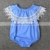 Summer Baby Wear Clothes Toddler Seersucker Jumpsuit Infant Girls Ruffle Sleeve Romper With White Bow thumbnail-4