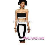 White Bandeau Color-block Women Two Pieces Skirt and Crop Top Set thumbnail-1