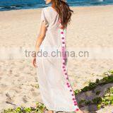 Dresses Latest Women Girl Design Fashion Photos White Pom-pom Decorated Short Sleeve Long Dress thumbnail-1