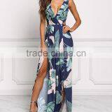 Navy Tie Back Leaf Print Women Maxi Long Party Dress Girls Without Dress Sex Picture HSd5187 thumbnail-2