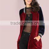 MGOO Burgundy Contrast Raglan Sleeve Velvet Longline Button Bomber Jacket With Striped Trim thumbnail-5