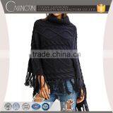 New Design Tasseled Turtle Neck Cable- Knit Pullover Poncho Sweater thumbnail-1