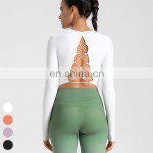 Shockproof Running Clothing Long Sleeve Cross Back Hollow Out Sports Tops Gym Fitness Tshirt Yoga Crop Top For Women With Padded thumbnail-4