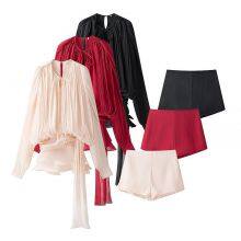 Chic Lantern-sheer Fabric Dress for Women, New Spring Style, Short Skirt, Cinched Waist, Irregular Lotus Leaf Hem, With Tie. thumbnail-2