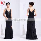 Deep v-neck beaded ruffle stretch cotton split before black evening dress