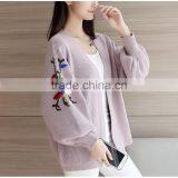 Fall Ladies Loose Embroidery Sweater Coat Green Bishop Sleeve Knit Short Sweater thumbnail-4