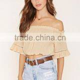 2016 Hot Sale Plain Dyed Cotton Summer Fashion off Shoulder Long Sleeve Lady Pants and Blouse thumbnail-4