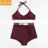Ruffle Lady Ribbed Swimsuit Halter Top Bikini High Waist thumbnail-1