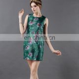 green printed flowery sleeveless polyester satin skirt short dress