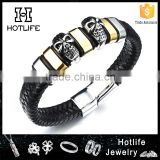 new men jewelry braided leather evil skull bracelet with magnetic clasp