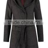 100% polyester hooded womens woollen coat with belt