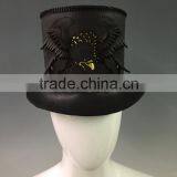 Black Leather Victorian Corset Style / Steampunk / Gothic / Emo Style Top Hat w. Solid Metal Bat Badge thumbnail-1