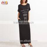Black Graphic Print Maxi Tee Dress With Side Pocket Fashion Boho Vintage Maxi Long Dress HSd7071 thumbnail-2