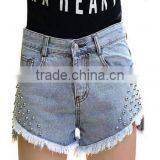 High-Rise Waist Denim Rip Shorts With Rivet Embellished thumbnail-1