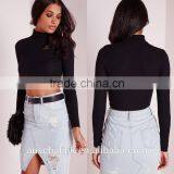 2016 Custom Ladies High Neck Long Sleeve Black Ribbed Crop Top thumbnail-6