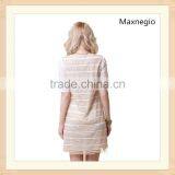 Embroidery Stripe Styles Ladies Elegant Short Sleeve Dresses thumbnail-2