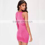Round Neck One Shoulder Bat Sleeve Pink Women Short Bodycon Dress thumbnail-3